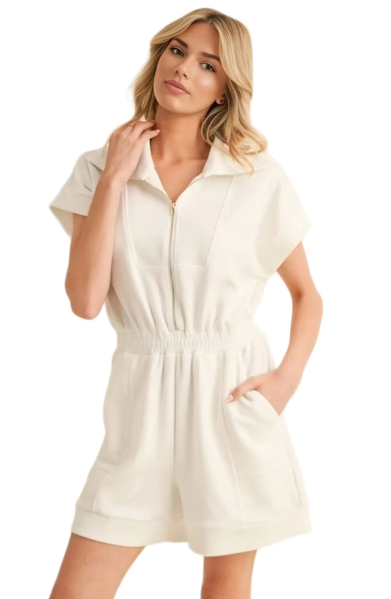 Knit and Lounge Short Sleeve Zip-Front Romper with Elastic Waist and Pockets, Main, color, Ivory
