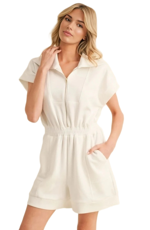 Short Sleeve Zip-Front Romper with Elastic Waist and Pockets