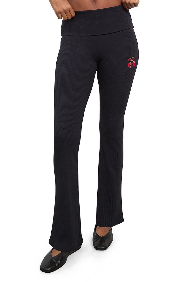 Cherry High Waist Foldover Rib Pants, Main, color, BLACK