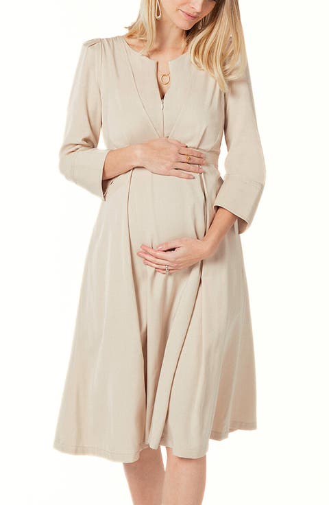 Petite Women's 3/4 Sleeve Empire Waist Maternity & Nursing Midi Tea Dress