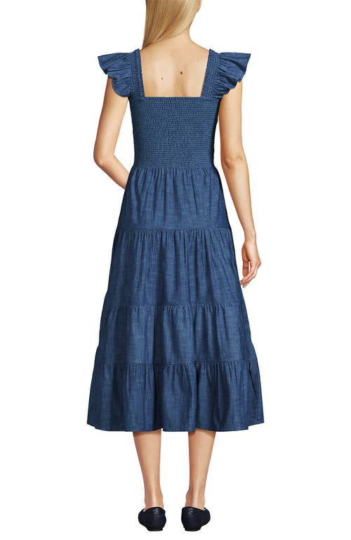 LANDS' END LANDS' END CHAMBRAY SMOCKED DRESS WITH RUFFLE STRAPS 