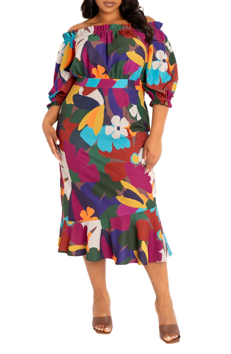 BUXOM COUTURE Floral Off-the-Shoulder Fit & Flare Dress, Main, color, Brown Multi