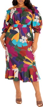 BUXOM COUTURE Floral Off-the-Shoulder Fit & Flare Dress