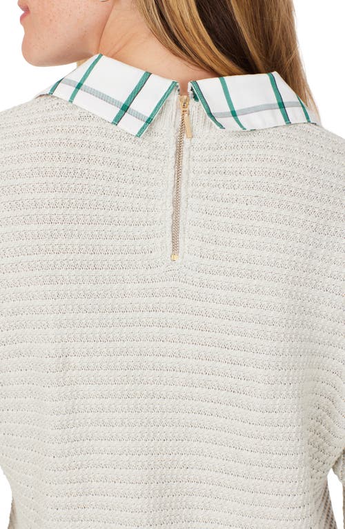Foxcroft Layered Plaid Trim Cotton Sweater In Ivory Multi
