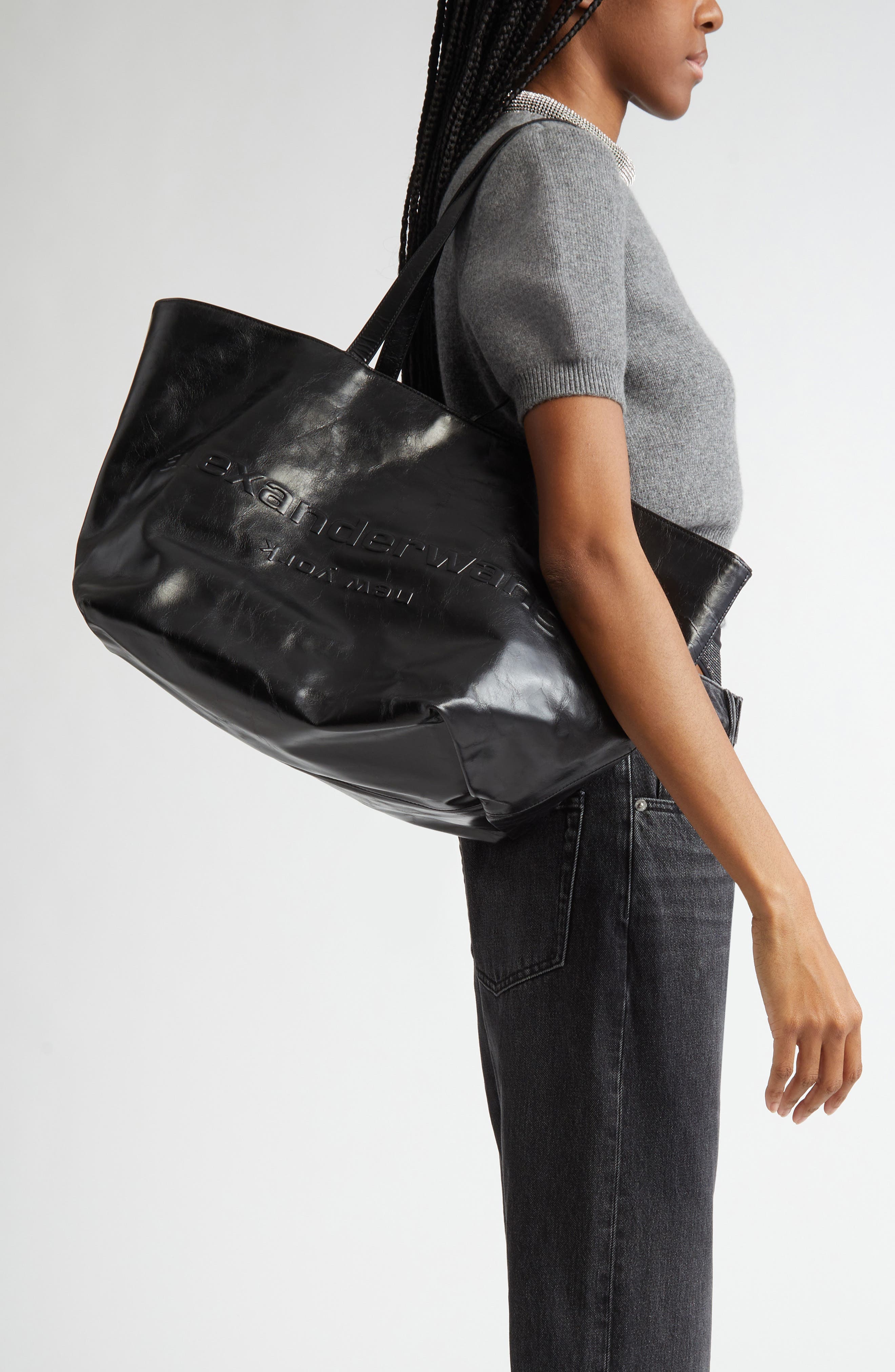 Alexander Wang Punch Crinkled Leather Tote, Alternate, color, 001 Black