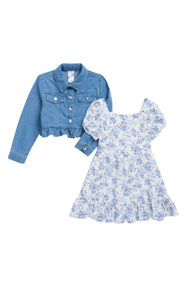 Draper James Kids' Floral Dress & Ruffle Denim Jacket Set, Main, color, Heather Blue