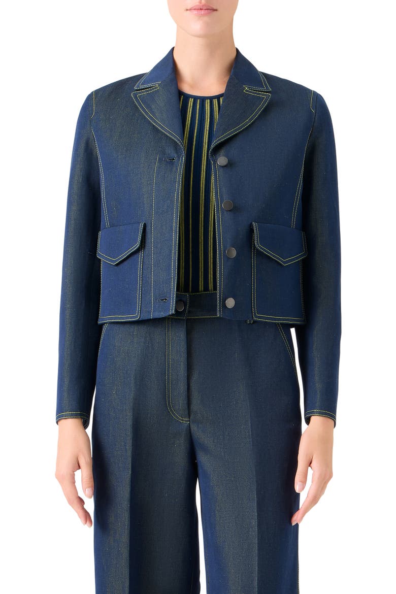 Tailored Denim Crop Jacket, Main, color, DARKBLUE DENIM-LEMON ZING
