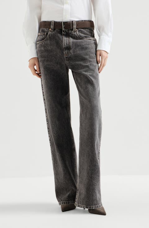 Authentic denim contemporary loose trousers with monili