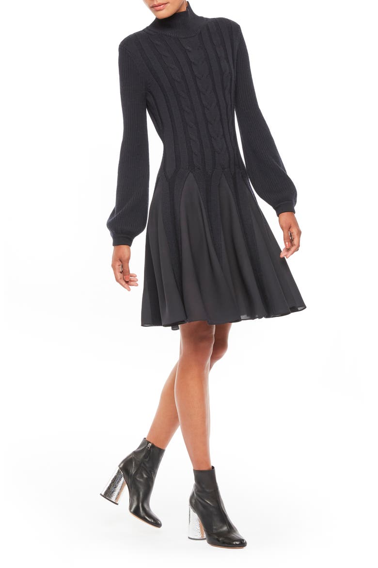 Mix Media Fit & Flare Sweater Dress, Alternate, color, NAVY BLUE