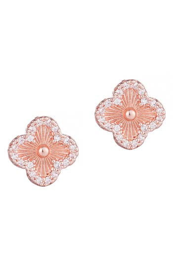 Adornia 14k Rose Gold Plated Button Clover Cz Halo Stud Earrings In Pink