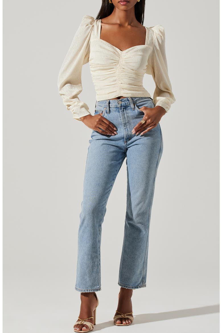 Ruched Puff Shoulder Crop Top, Alternate, color, CREAM