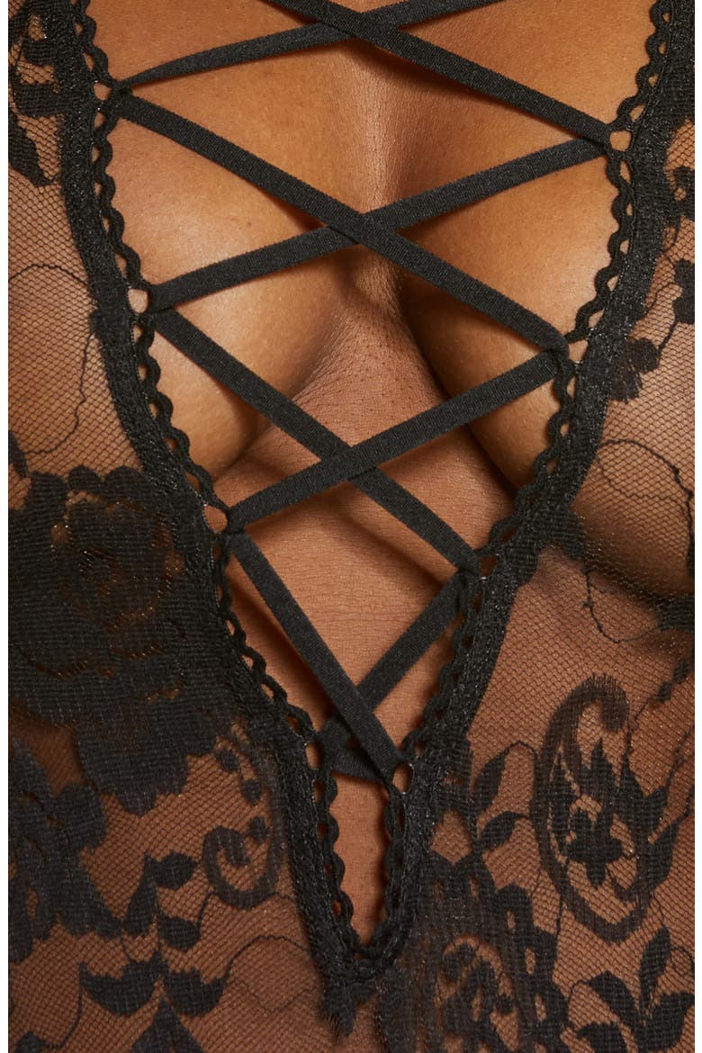 Lace-Up Floral Lace Teddy, Alternate, color, BLACK