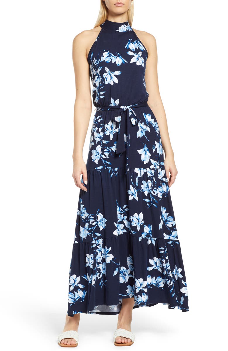 Loveappella Floral Halter Neck Knit Maxi Dress, Main, color, 