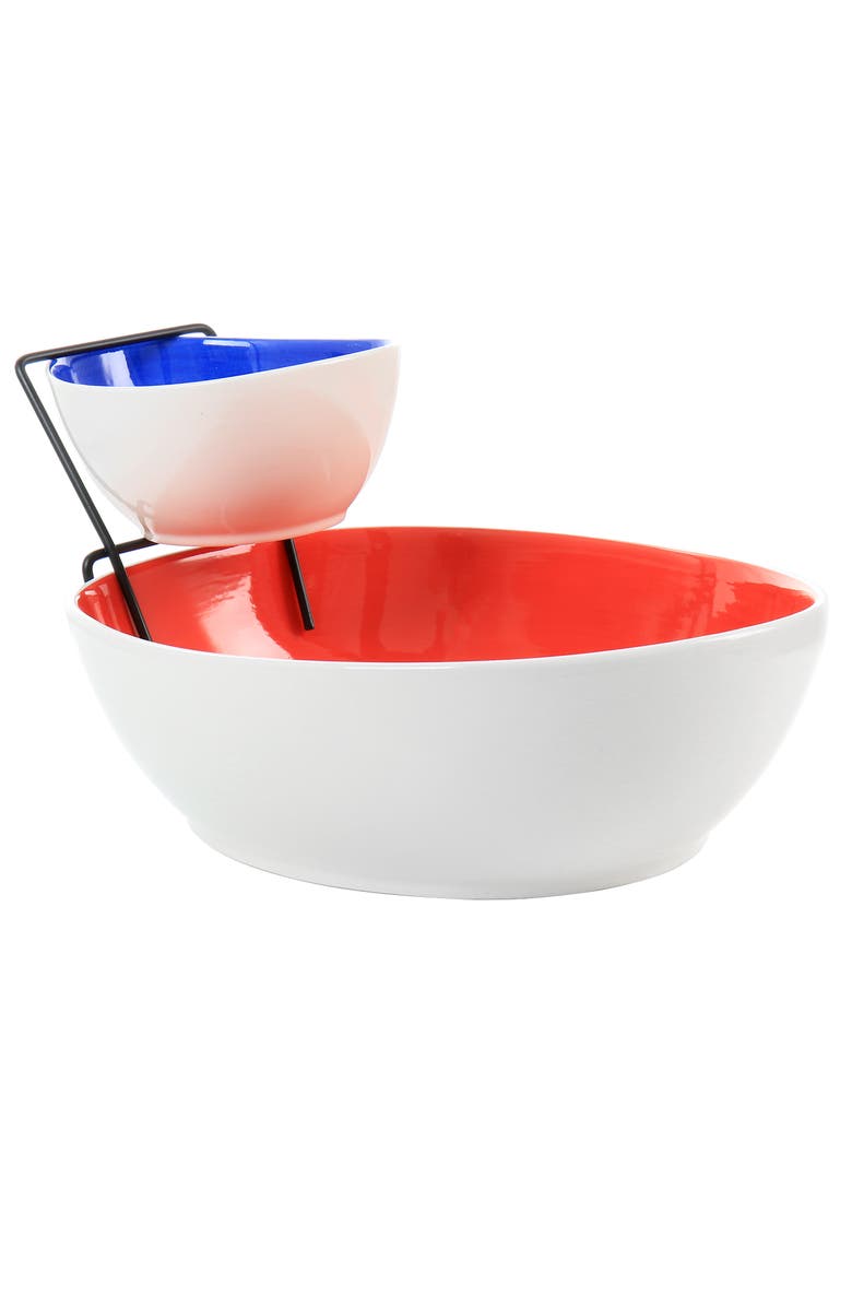 Gibson Home Crenshaw 3 Piece Hand Painted Stoneware Chip and Dip Set with Metal Rack, Main, color, Assorted