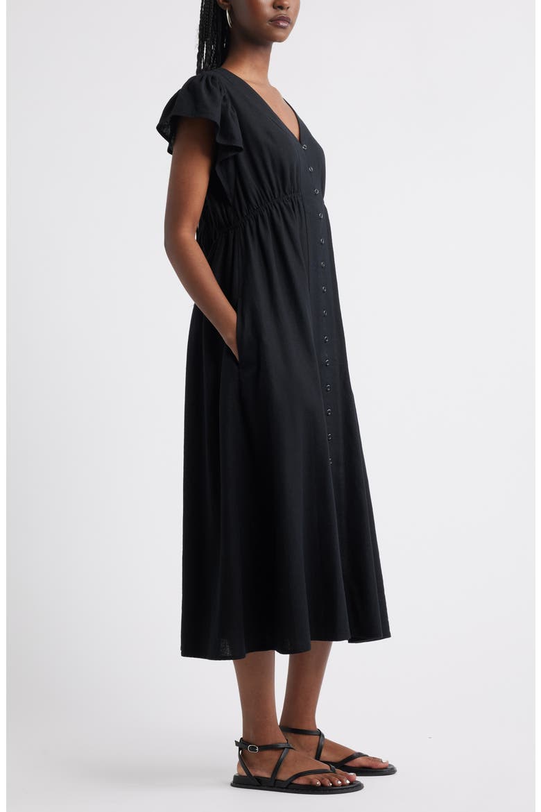 Short Sleeve Button Down Linen Blend Midi Dress, Alternate, color, BLACK