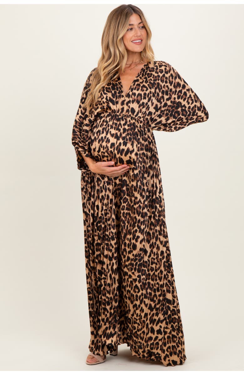 PinkBlush Pleated V Neck Satin Maxi Dress, Main, color, Brown