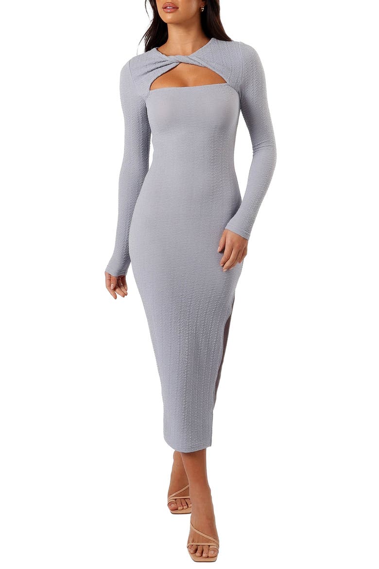 Laney Cutout Long Sleeve Body-Con Maxi Dress, Main, color, GREY