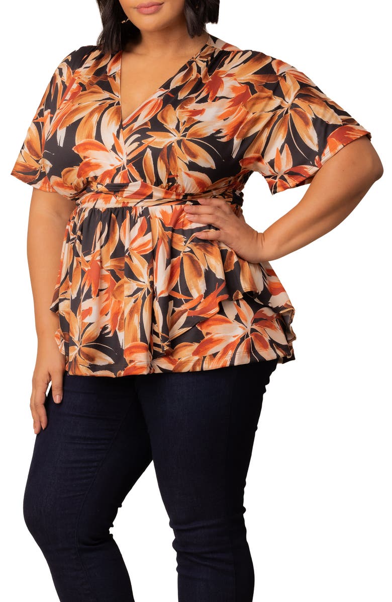 Kiyonna Encore Print Faux Wrap Top, Main, color, Black/ Orange Multi
