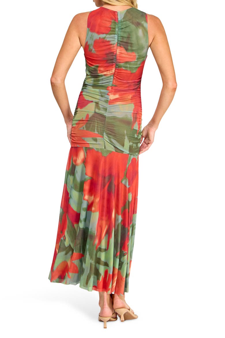 Ruched Mesh Midi Dress, Alternate, color, GREEN/ ORANGE