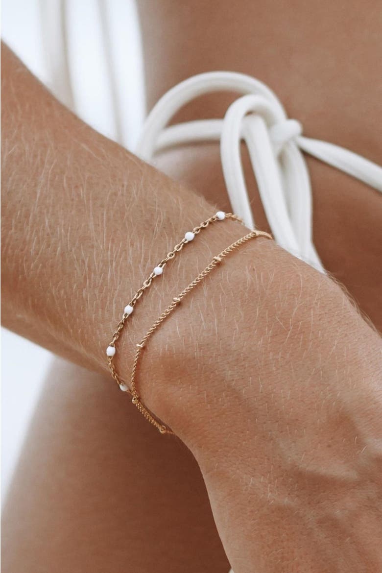 Double White Beaded Bracelet, Alternate, color, Gold