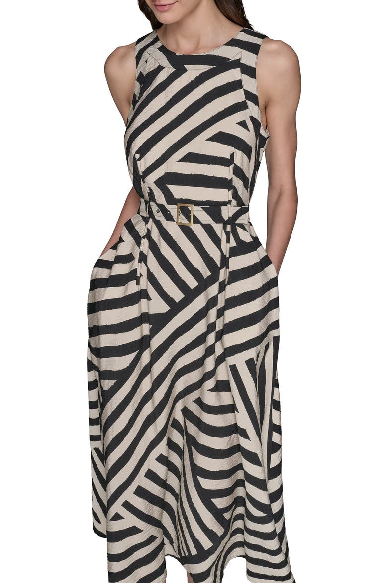 Crinkle Stripe Midi Dress, Alternate, color, OYSTER GRAY/ BLACK COMBO