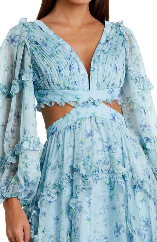 Mac Duggal Floral Chiffon Ruffle Gown With Plunging Neckline & Cutout Back In Powder Blue