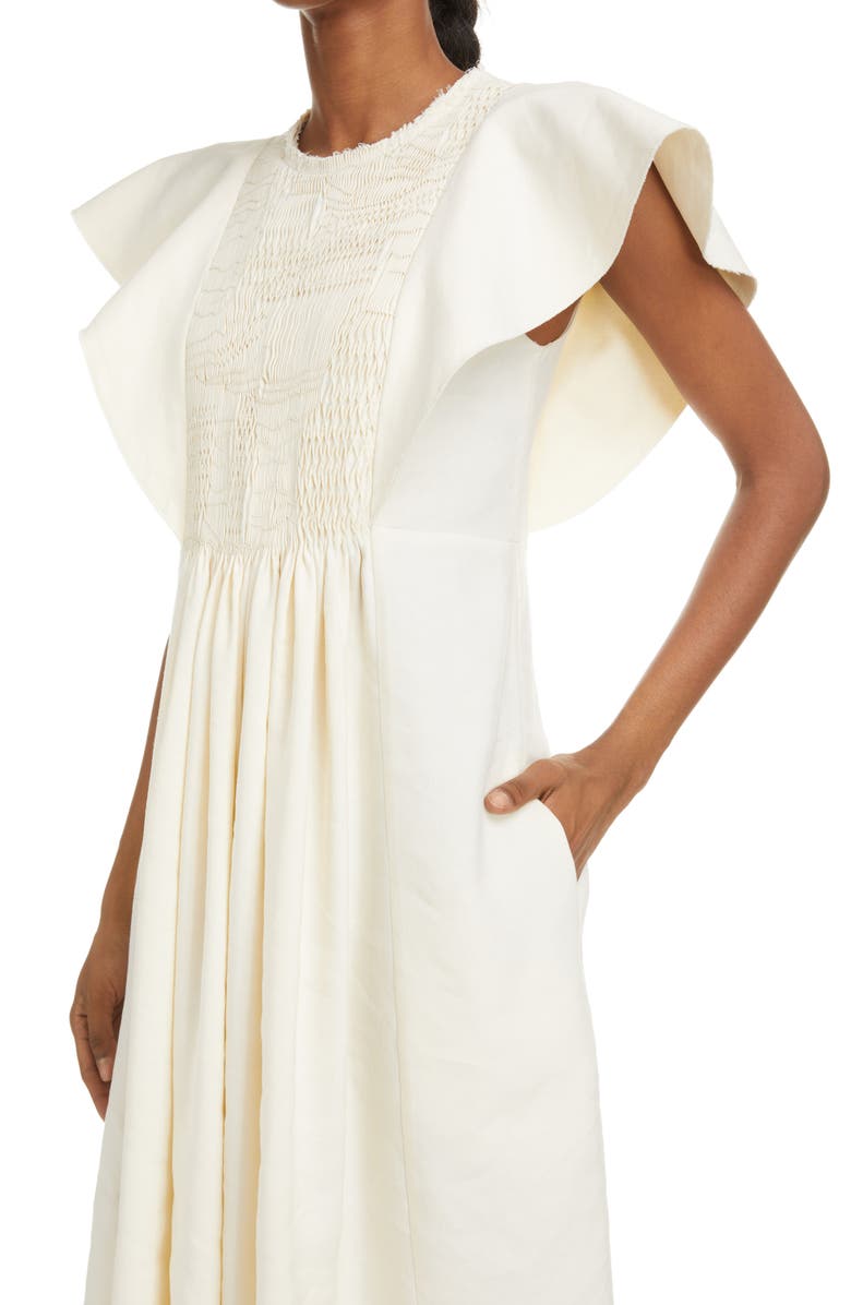 Chloé Smocked Wing Sleeve Linen & Silk A-Line Dress, Alternate, color,