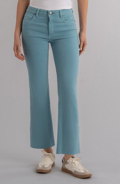 Kelsey Fab Ab Raw Hem Ankle Flare Jeans (Cyan) (Regular & Petite)