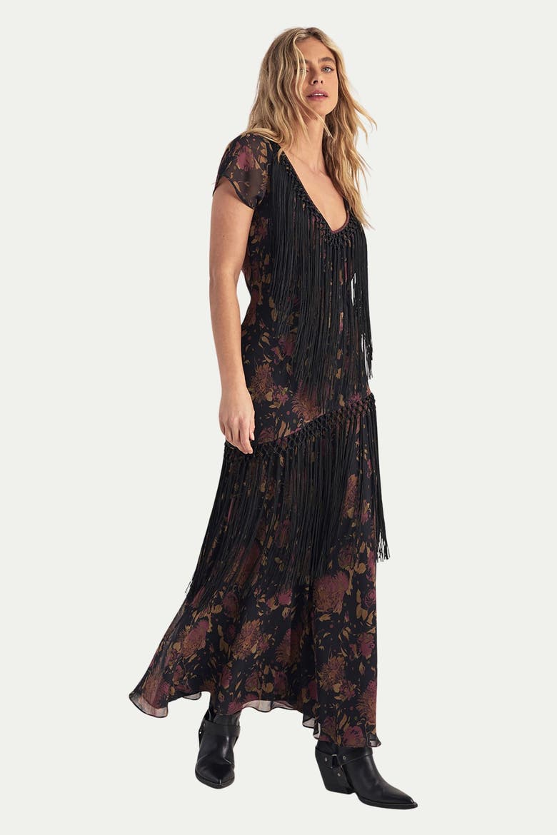 Floral Chiffon Fringe Maxi Dress, Alternate, color, Black