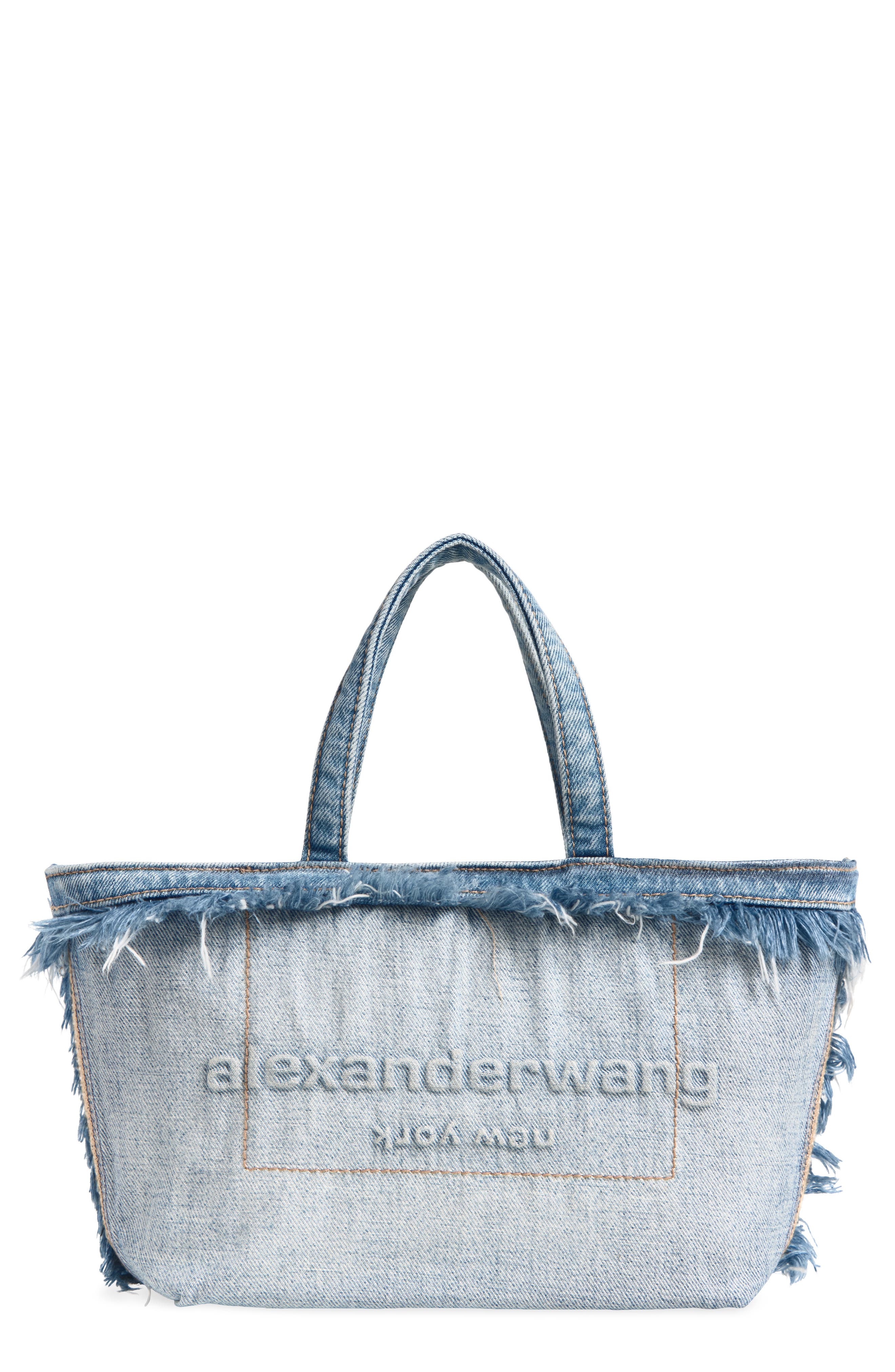 Small Punch Frayed Denim Tote, Main, color, BLEACH BLUE