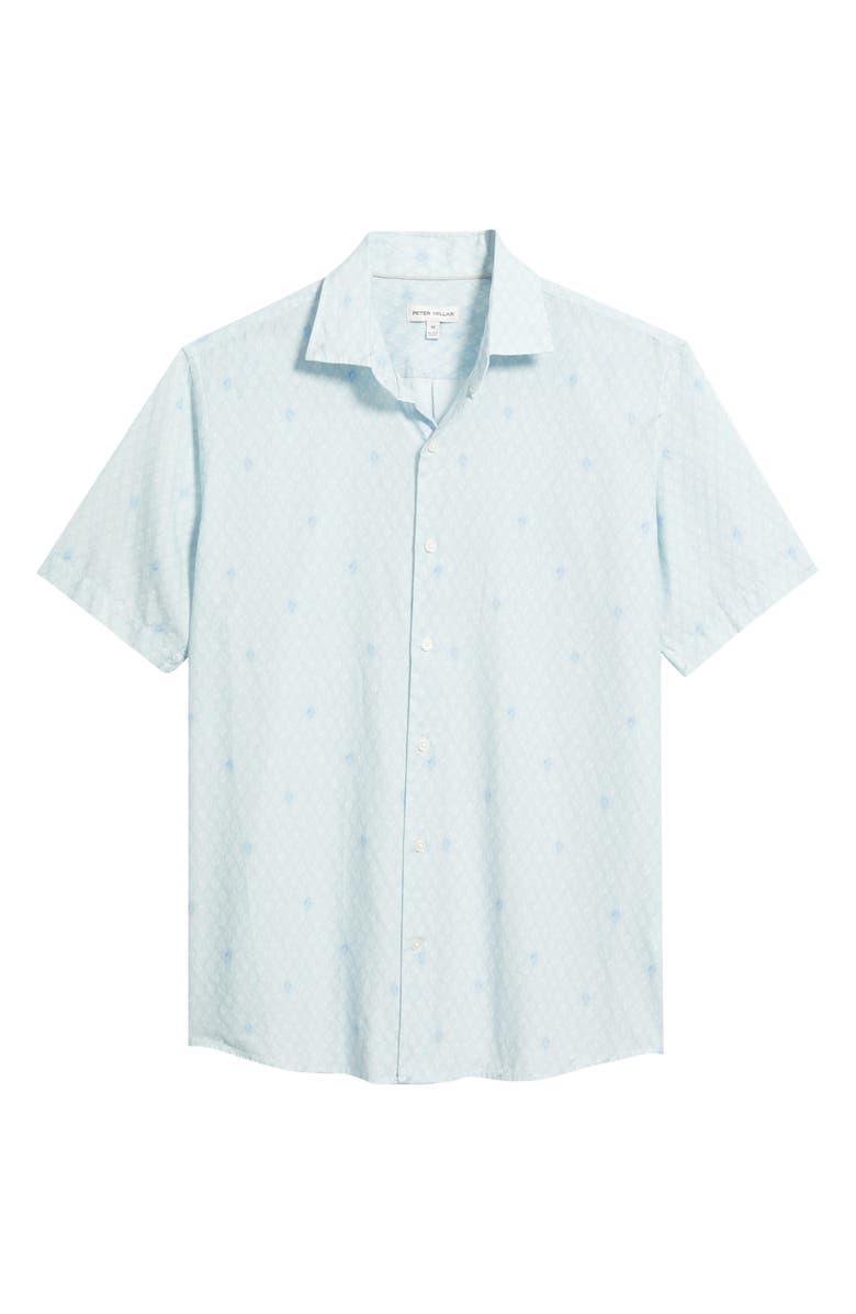 Peter Millar Whitehaven Abstract Print Short Sleeve Cotton & Lyocell Button-Up Shirt, Alternate, color, Stream Blue