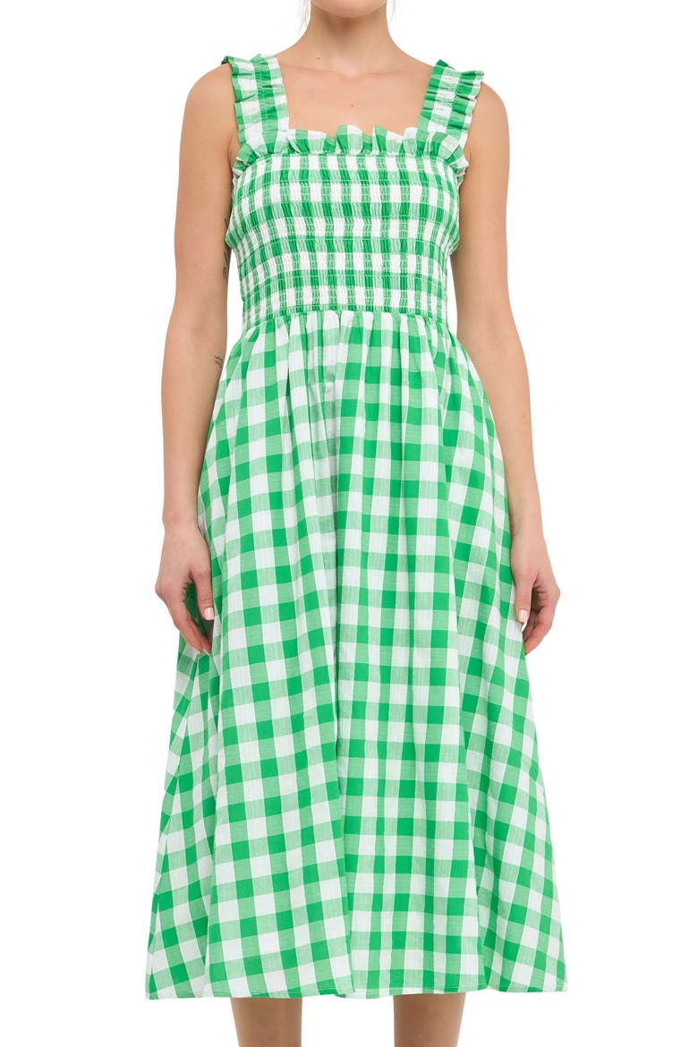 Check Print Smocked Midi Sundress, Alternate, color, GREEN