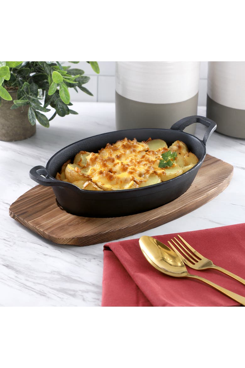 6 Piece Mini Cast Iron Oval Pan with Wood Tray Set, Alternate, color, Black