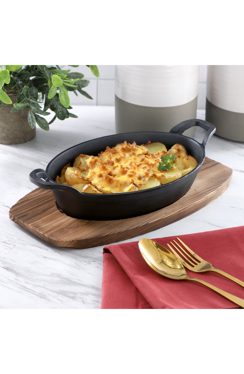 Megachef 4 Piece Mini Cast Iron Oval Pan with Wood Tray Set, Alternate, color, Black