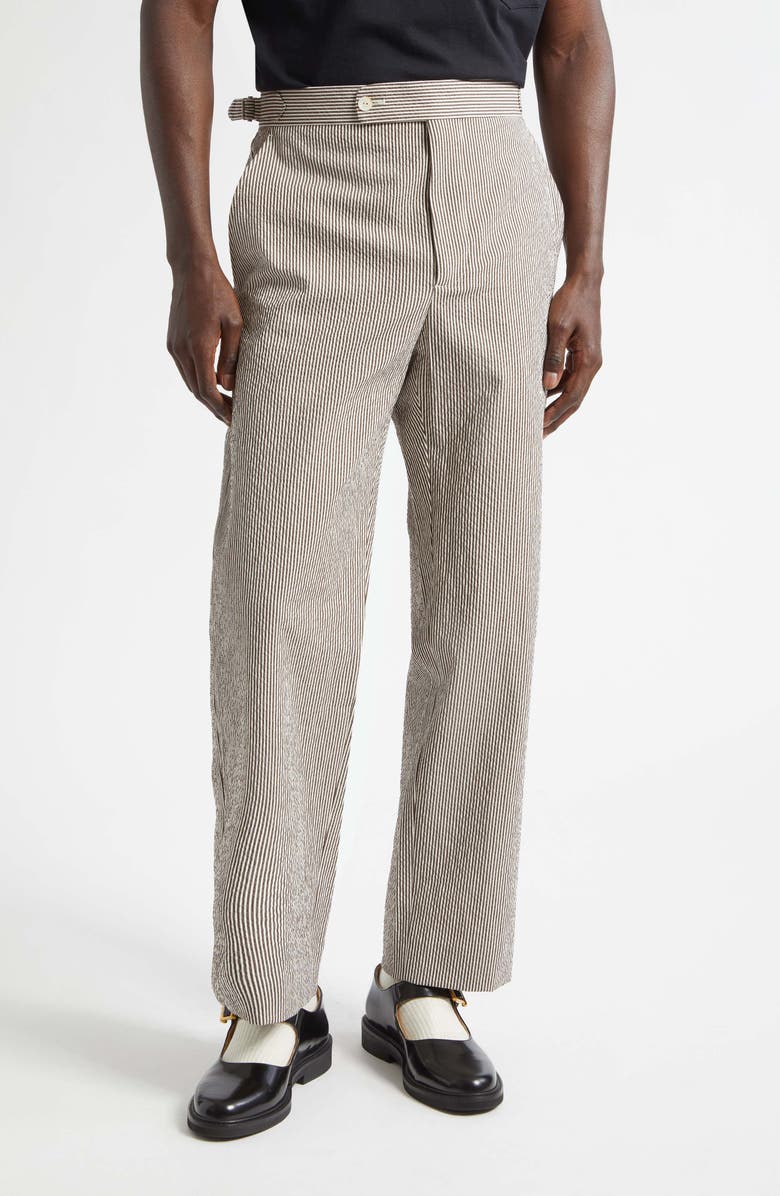 Bode Café Stripe Seersucker Trousers, Main, color, Brown White