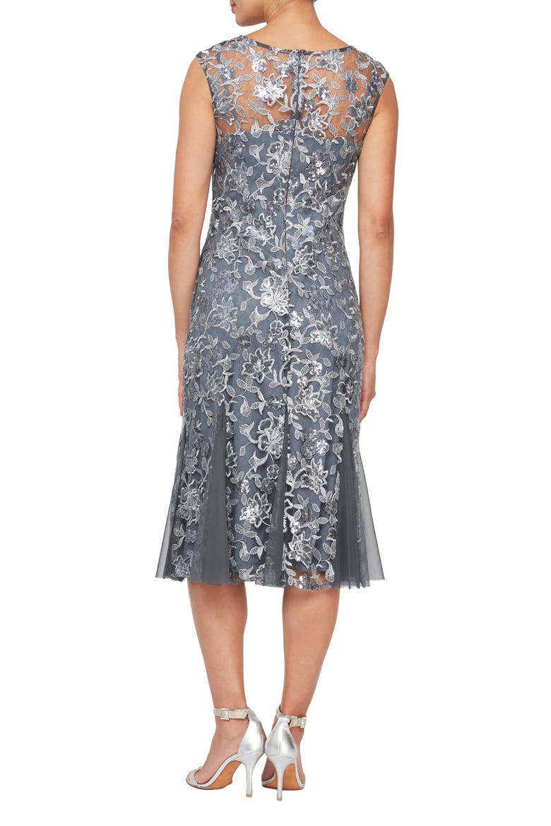 Cap Sleeve Sequin Embroidered Midi Dress, Alternate, color, PEWTER