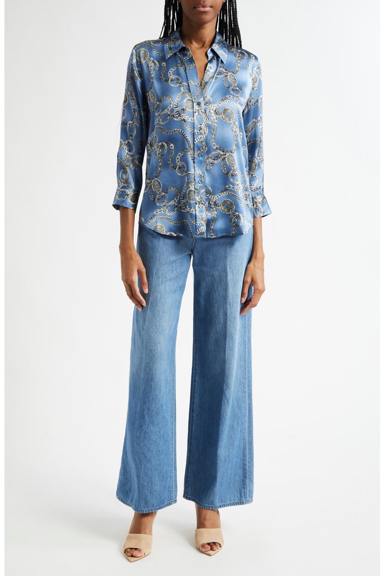 Dani Chain Print Silk Button-Up Shirt, Alternate, color, BLUE HORIZON/ SILVER GOOD LUCK