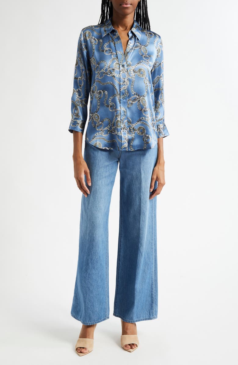 L'AGENCE Dani Chain Print Silk Button-Up Shirt, Alternate, color, Blue Horizon/ Silver Good Luck