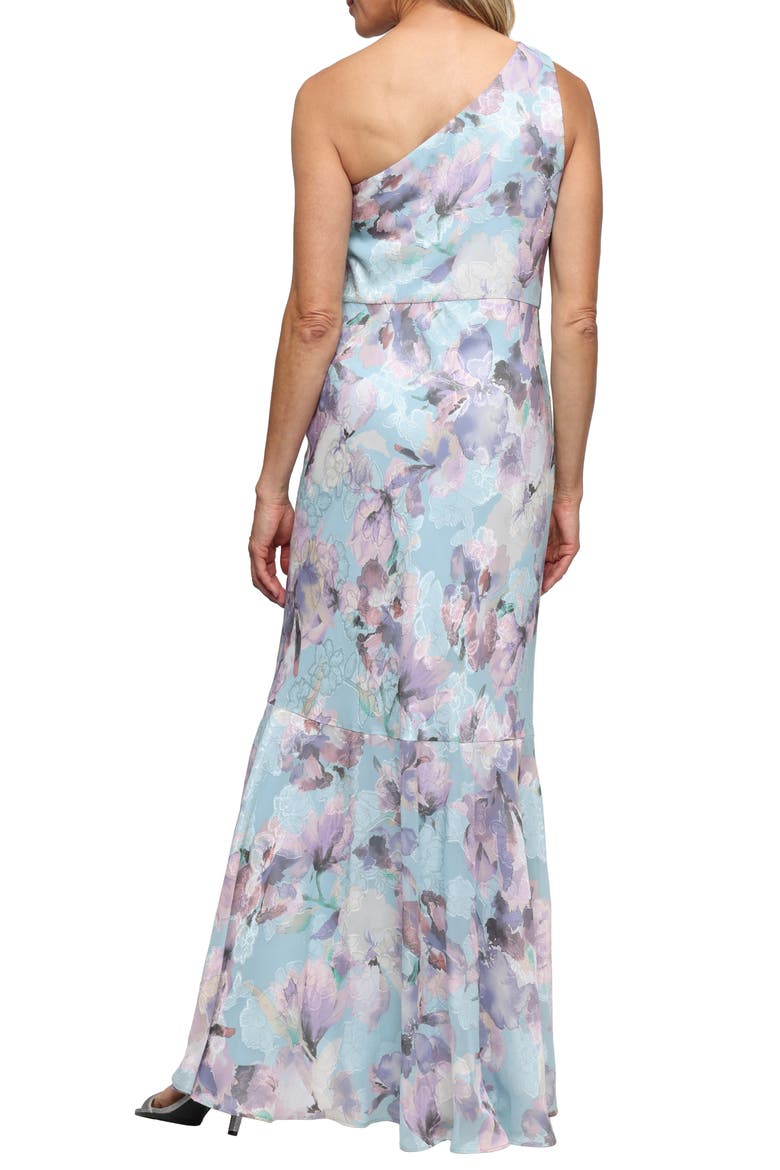 One-Shoulder Floral Print Burnout Chiffon Gown, Alternate, color, BLUE/ MULTI
