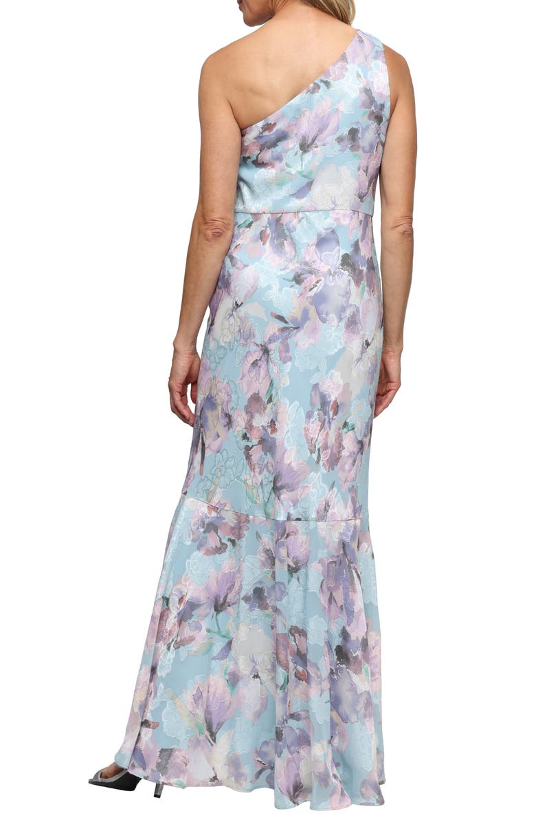 Alex Evenings One-Shoulder Floral Print Burnout Chiffon Gown, Alternate, color, Blue/ Multi