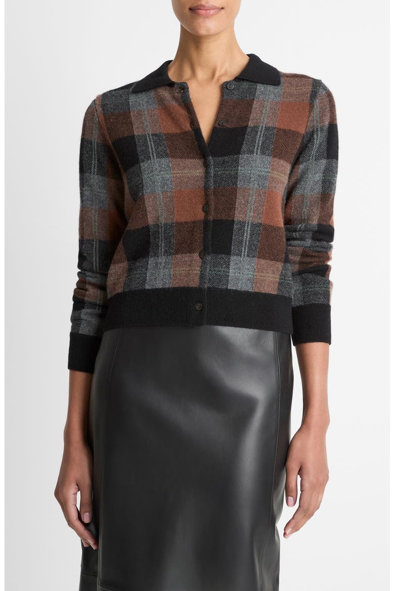 Check Plaid Cashmere Cardigan, Main, color, CACAO / HEATHER PEWTER / BLACK