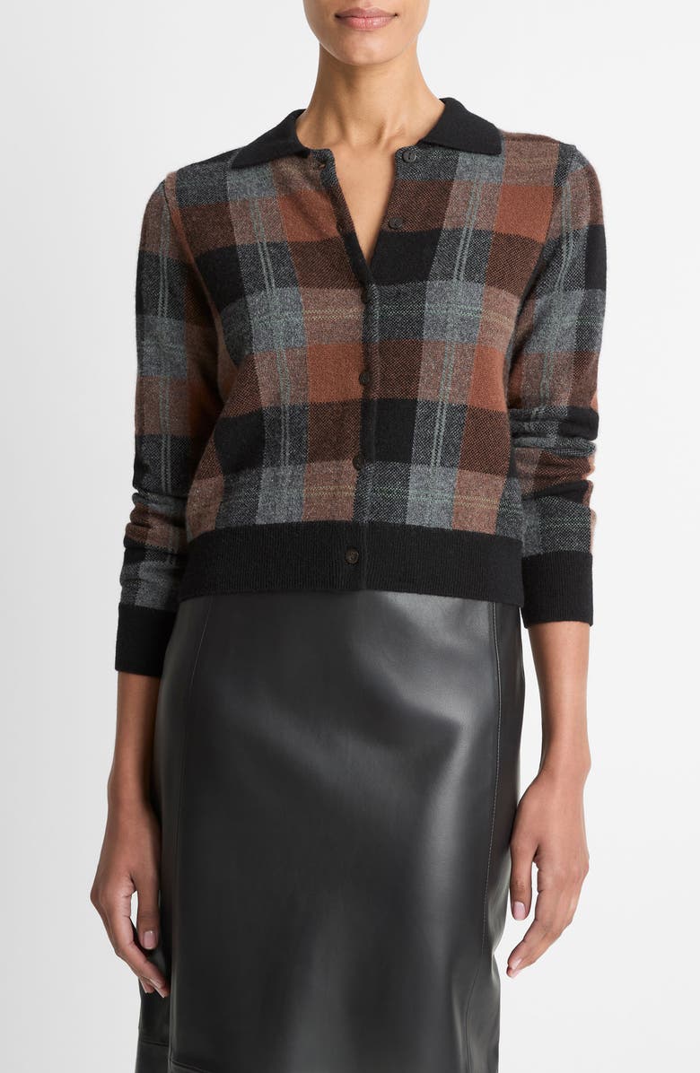 Vince Check Plaid Cashmere Cardigan, Main, color, Cacao / Heather Pewter / Black