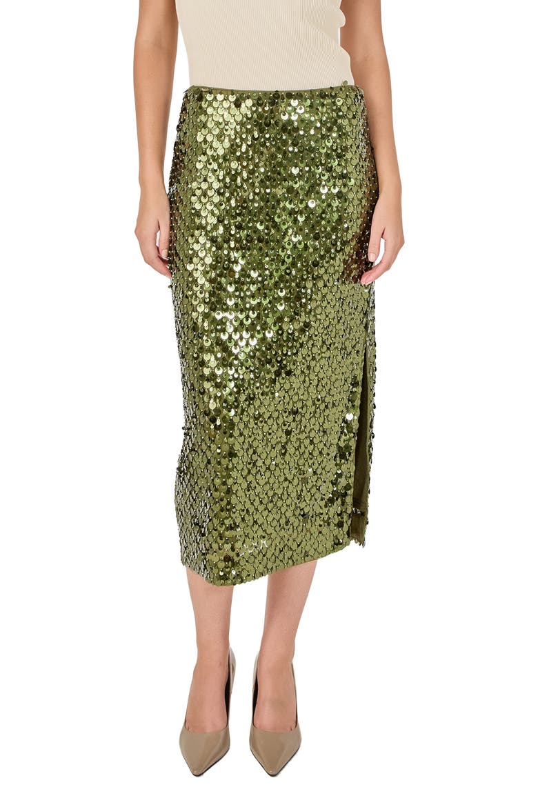 Paillette Pencil Midi Skirt, Main, color, GREEN