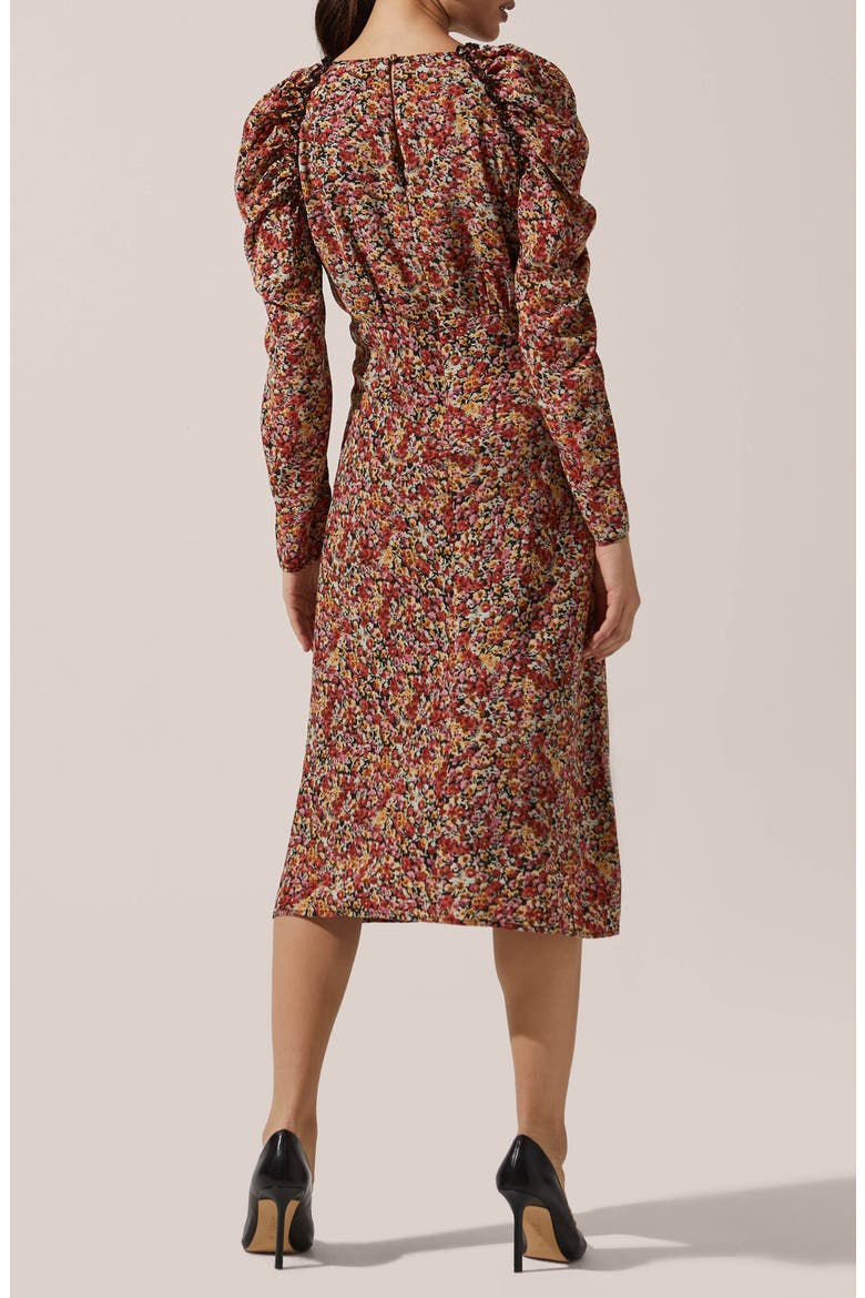Floral Ruched Long Sleeve Midi Dress, Alternate, color, BLACK-RED MULTI FLORAL