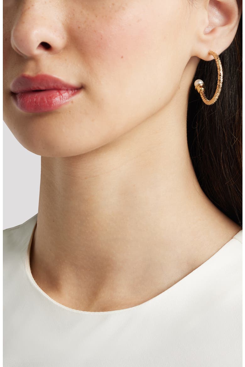 Faux Pearl Capped Hoop Earrings, Alternate, color, WHITE- GOLD