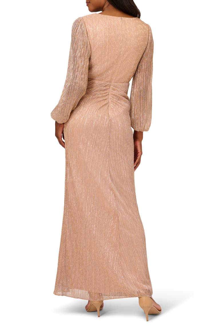 Metallic Long Sleeve Mesh Evening Gown, Alternate, color, LIGHT GOLD