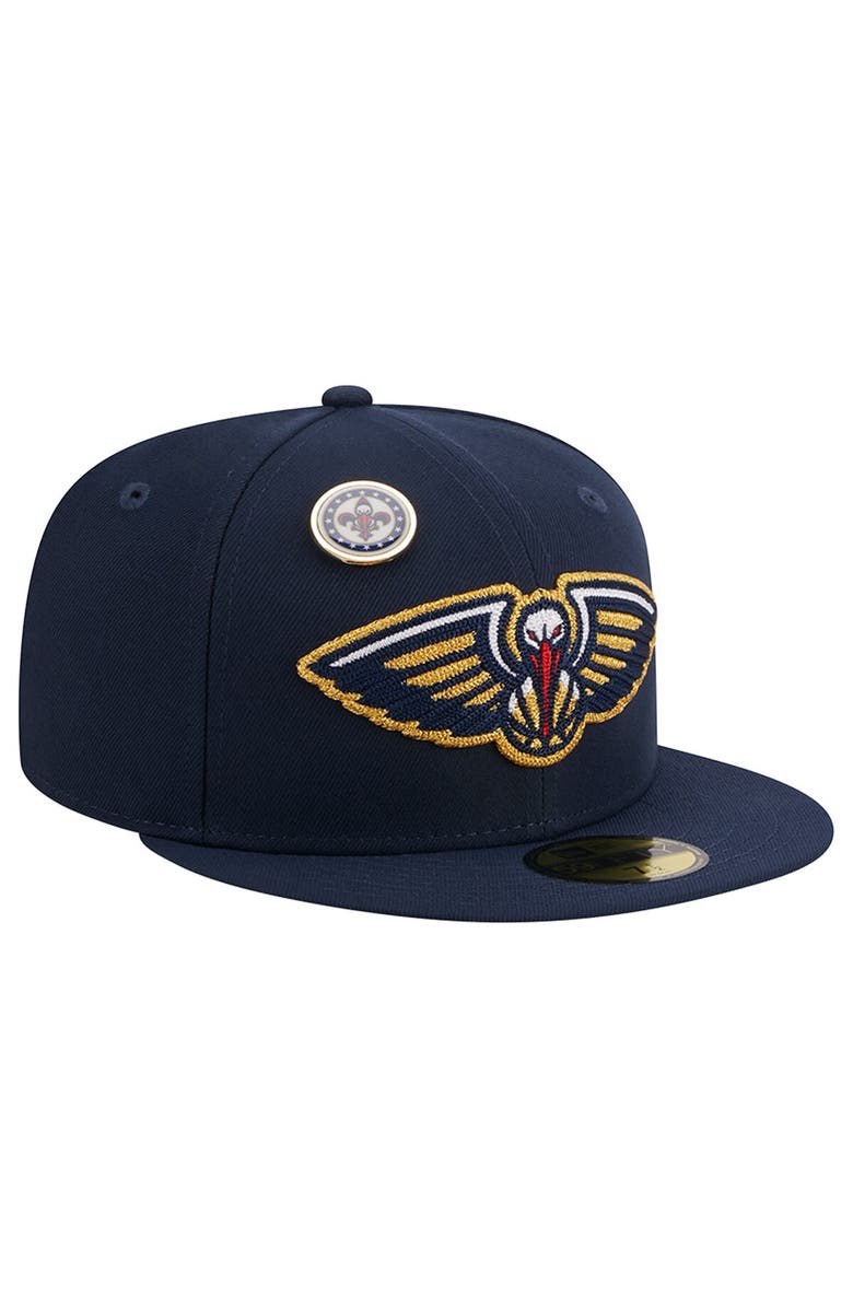 New Era Men's New Era Navy New Orleans Pelicans Chainstitch Logo Pin 59FIFTY Fitted Hat, Alternate, color,