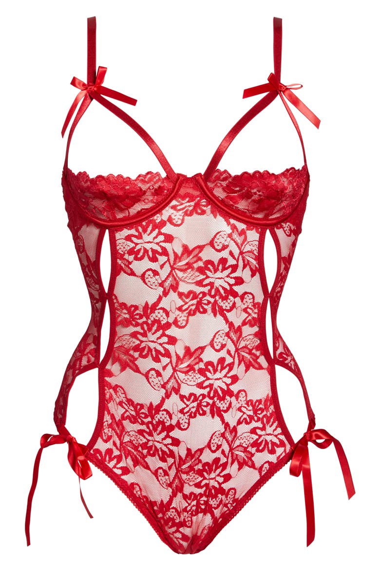 Zara Underwire Open Cup Open Gusset Lace Teddy, Alternate, color, RED