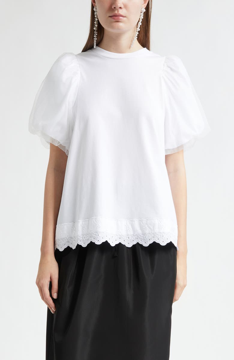 Simone Rocha Eyelet Trim Puff Sleeve Knit Top, Main, color, White