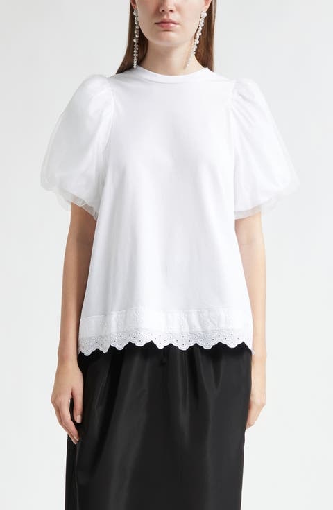 Eyelet Trim Puff Sleeve Knit Top